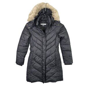Womens Larry Levine Black Quilted Puffer Coat Full Zip & Snap Button Fur Hood M